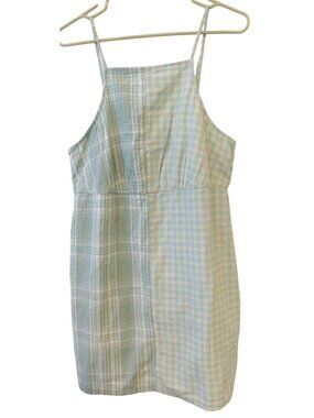 NWT American Eagle Sz L Large Green Blue Plaid Patchwork Dress Linen Blend